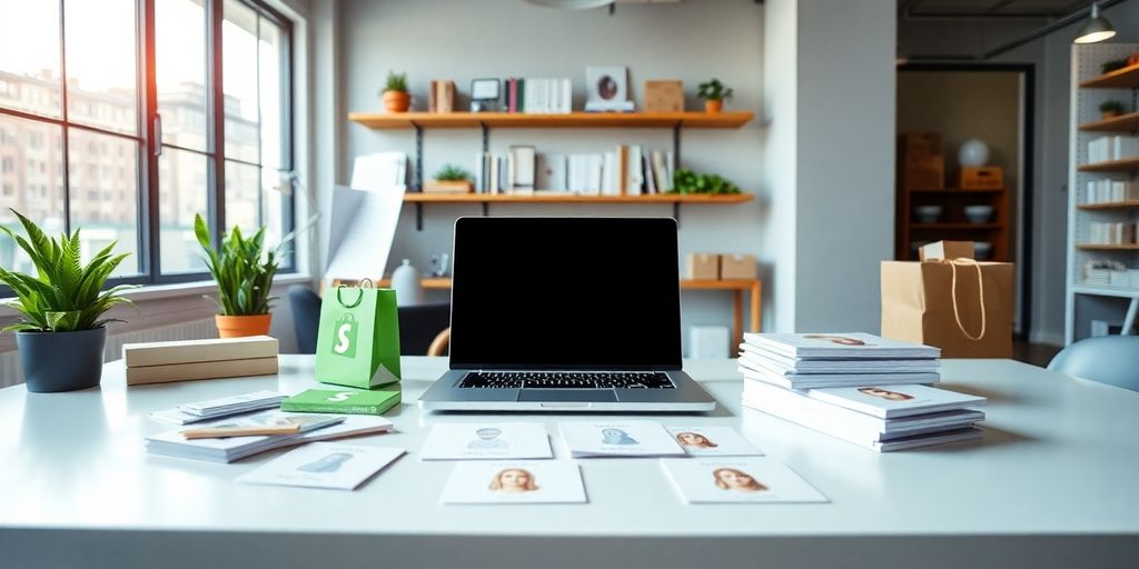Modern workspace with laptop and product samples.