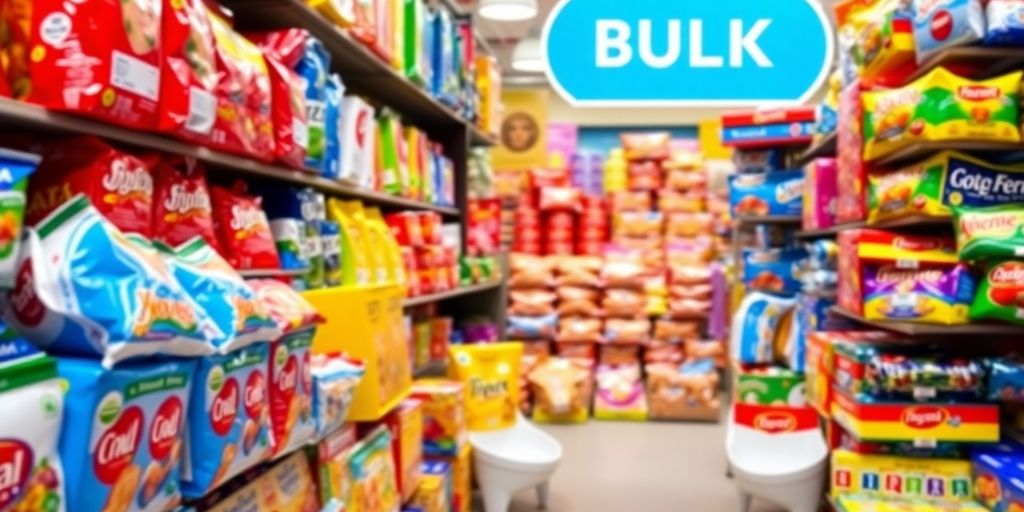 Colorful products arranged in bulk for discounts.