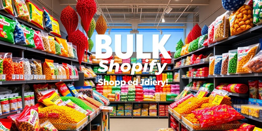 Colorful bulk products in a vibrant Shopify store display.