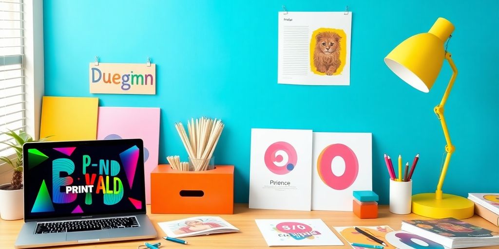 Colorful workspace for print-on-demand e-commerce business.