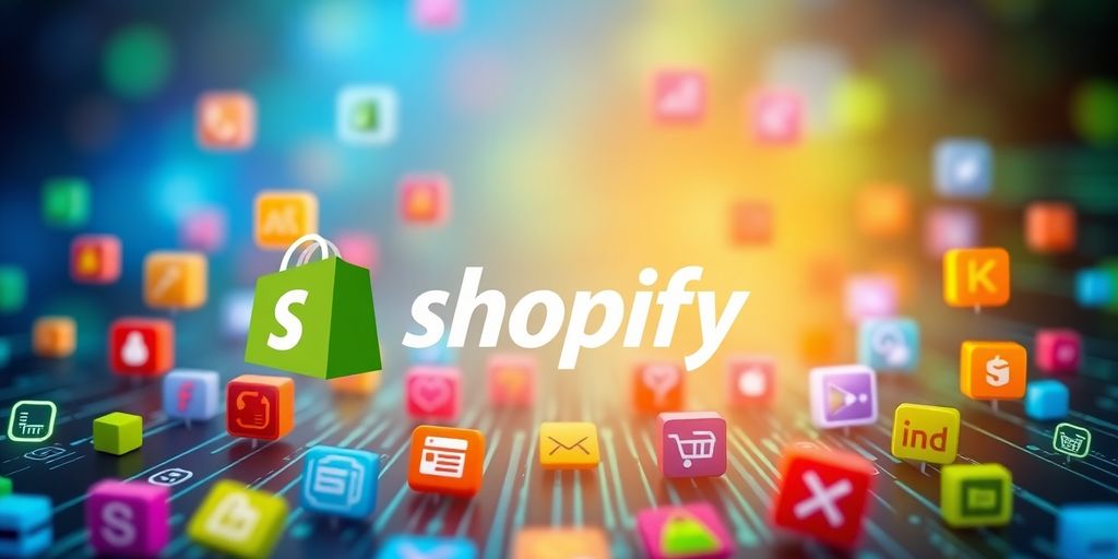 Shopify logo with metafield icons on colorful background.