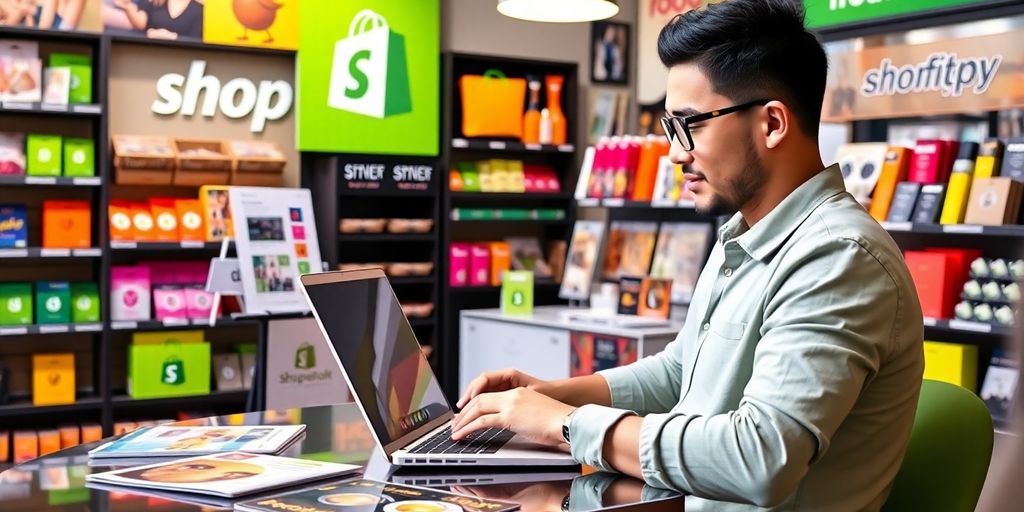 Person working on laptop with Shopify branding and products.
