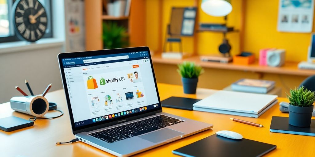 A laptop on a desk with Shopify interface visible.