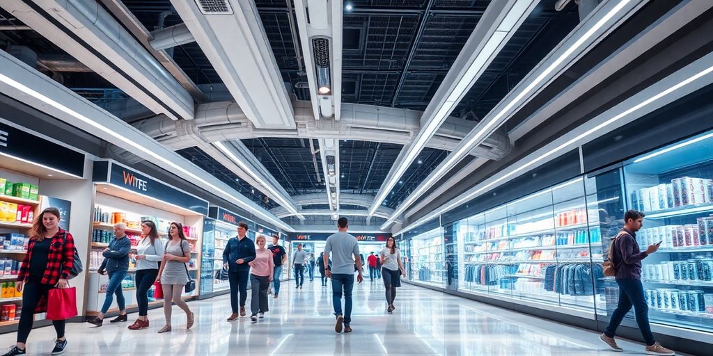 Futuristic shopping scene with seamless no checkout process.