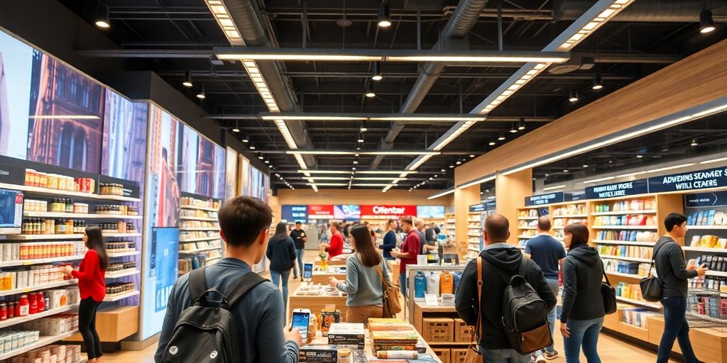 Customers enjoying a no checkout shopping experience in a store.