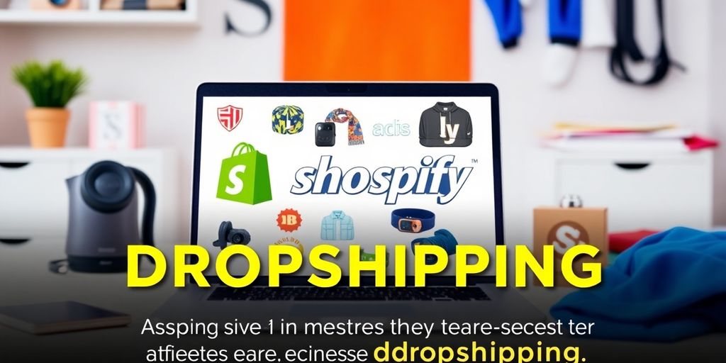 Laptop with Shopify and dropshipping products on a desk.