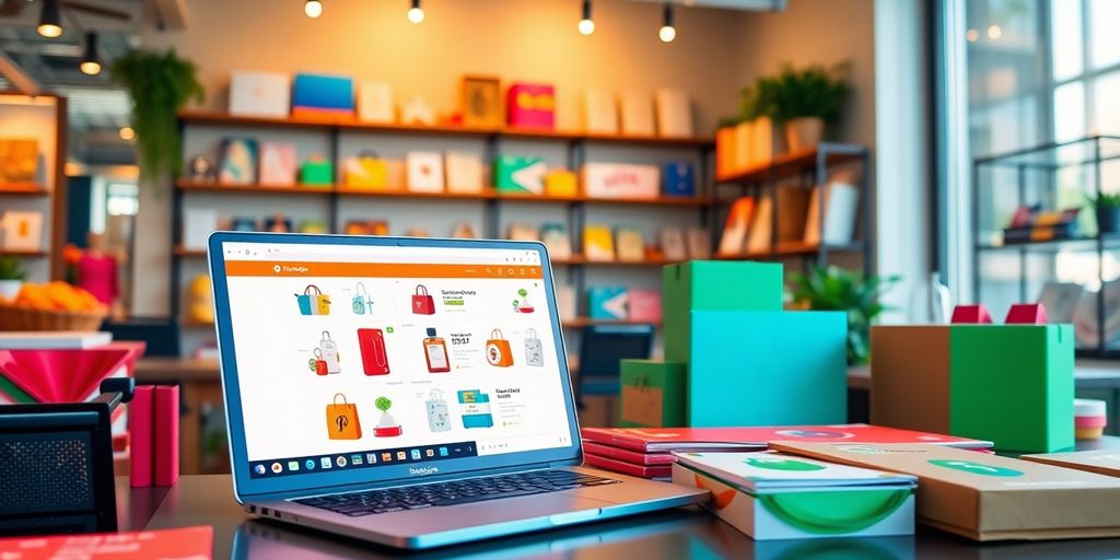 E-commerce workspace with products and a laptop.