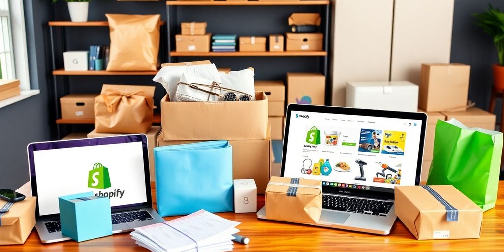 Diverse dropshipping products arranged on a stylish workspace.