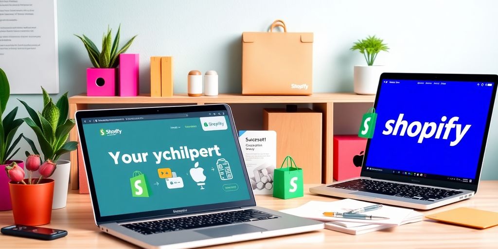 Vibrant workspace with dropshipping products and laptop.