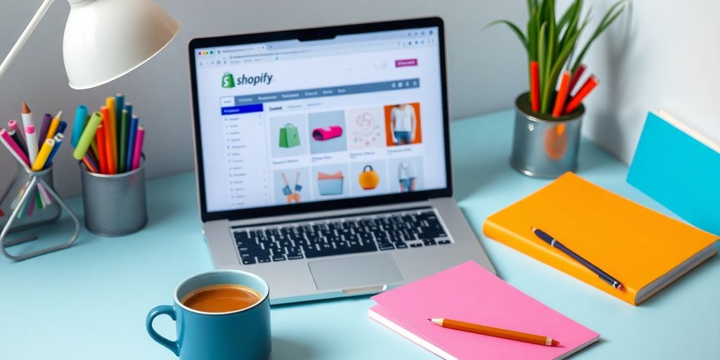 Modern workspace with laptop and e-commerce tools.