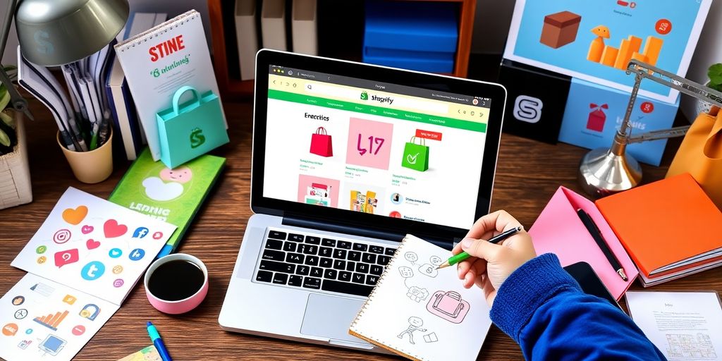 Entrepreneur working on a Shopify store in a workspace.