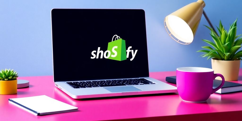 Laptop and coffee cup with Shopify logo on desk.