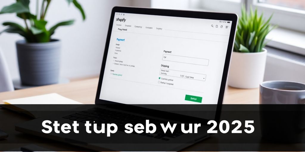 Laptop with Shopify payment setup on desk.