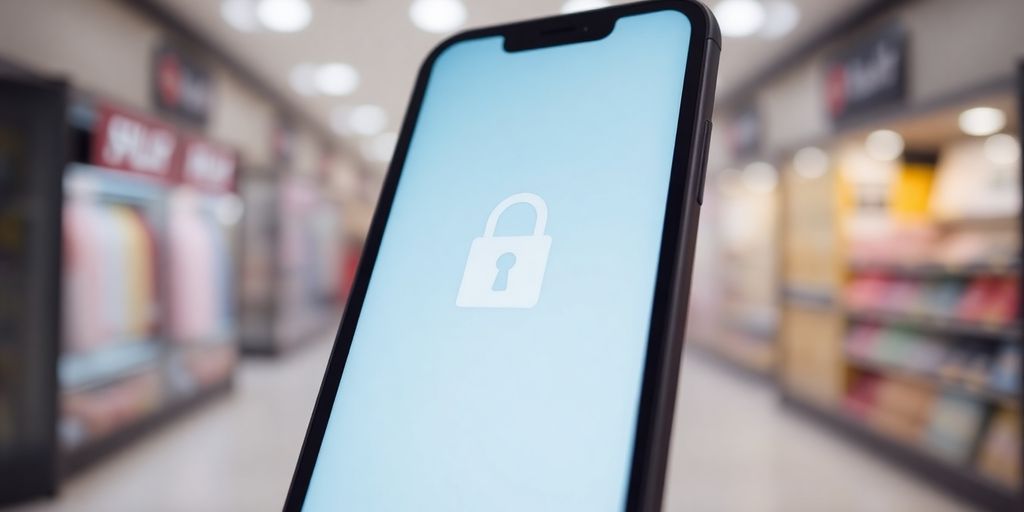 Smartphone with shopping app and padlock icon for privacy.
