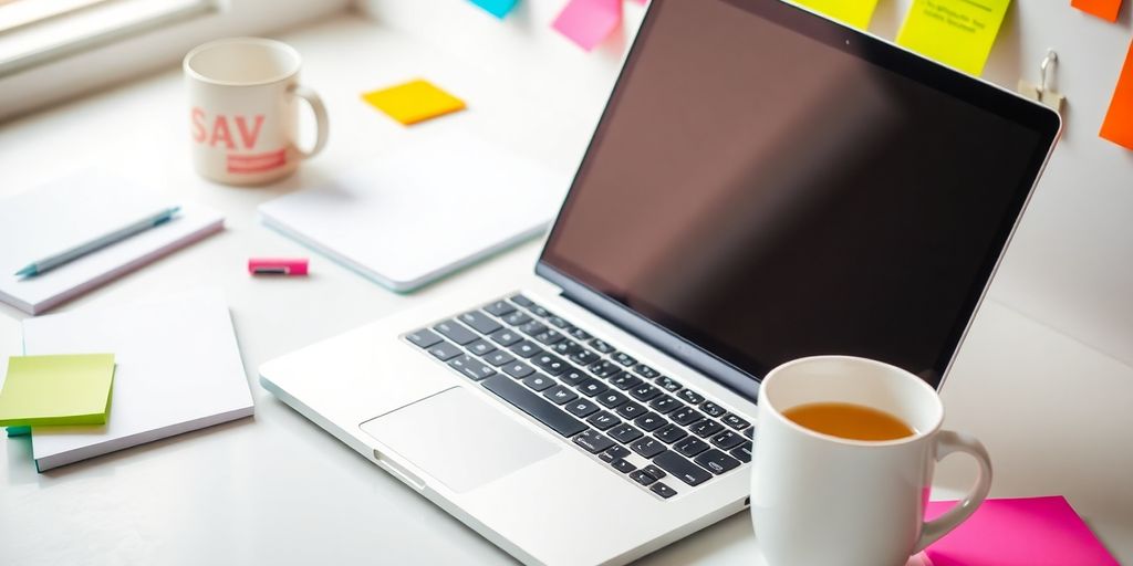 Laptop on a desk with sticky notes and coffee.