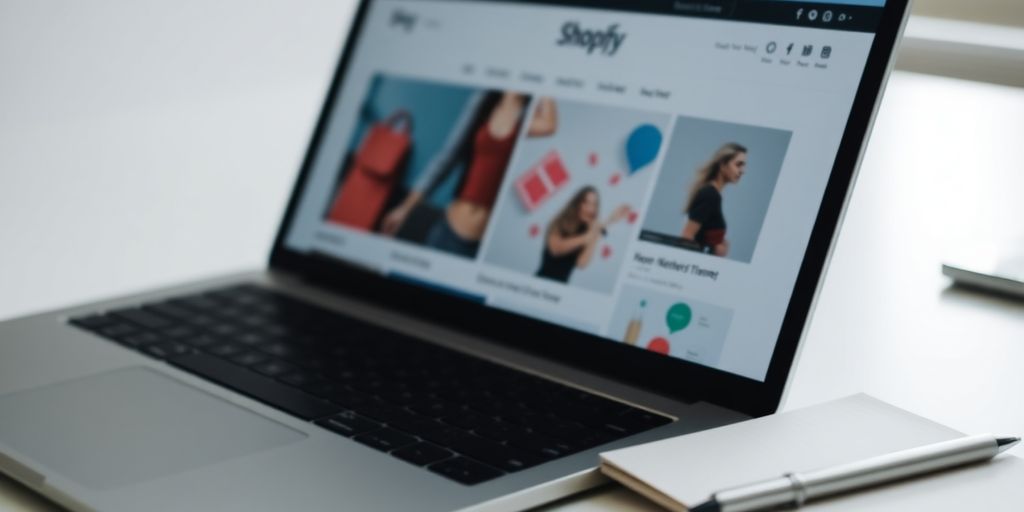 Laptop showing Shopify store with notepad and pen.