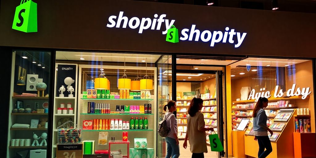 Shopify store with vibrant displays and happy shoppers.