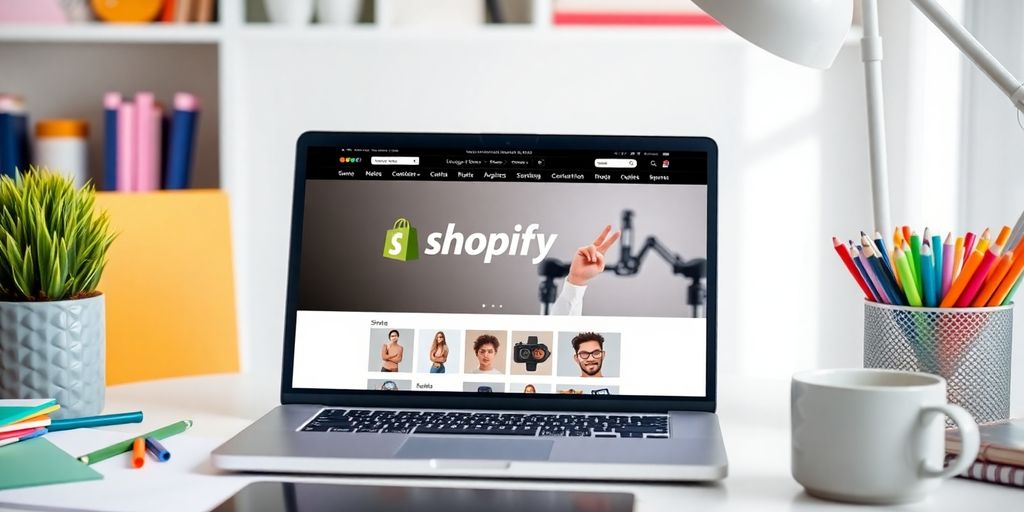 Laptop with Shopify store in a bright workspace.
