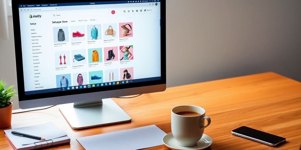 Shopify store setup on a computer with products displayed.