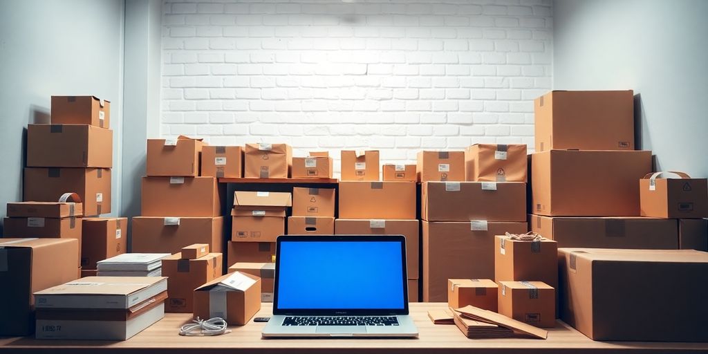 Workspace with laptop, shipping boxes, and packing materials.