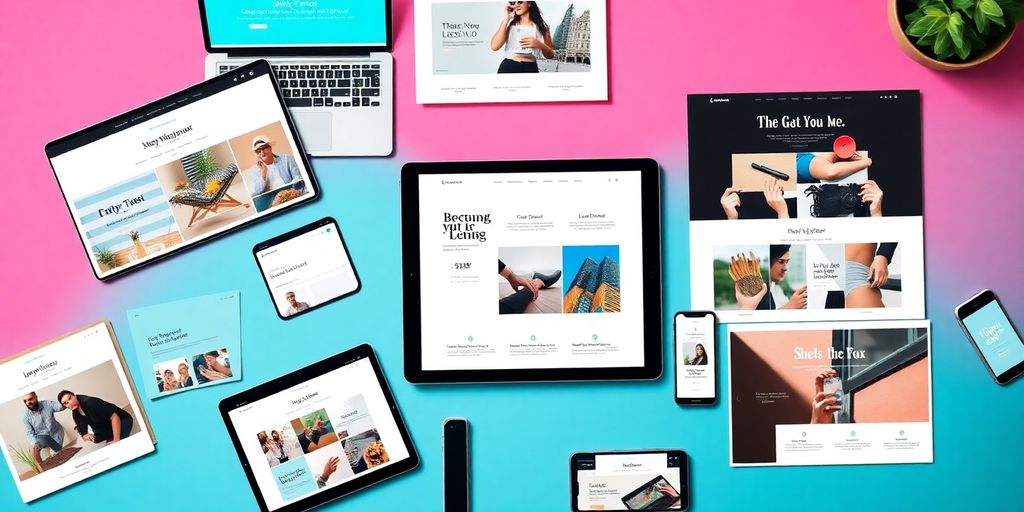 Colorful Squarespace templates displayed on various devices.