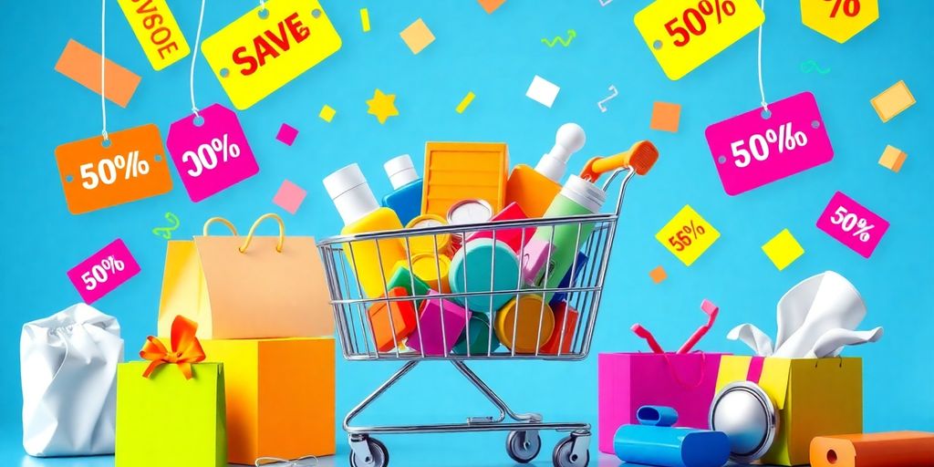 Shopping cart filled with products and discount tags.