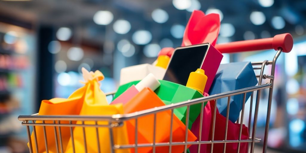 Shopping cart filled with colorful products for discounts.
