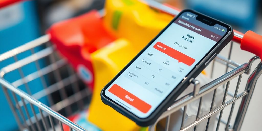 Shopping cart with products and smartphone payment interface.