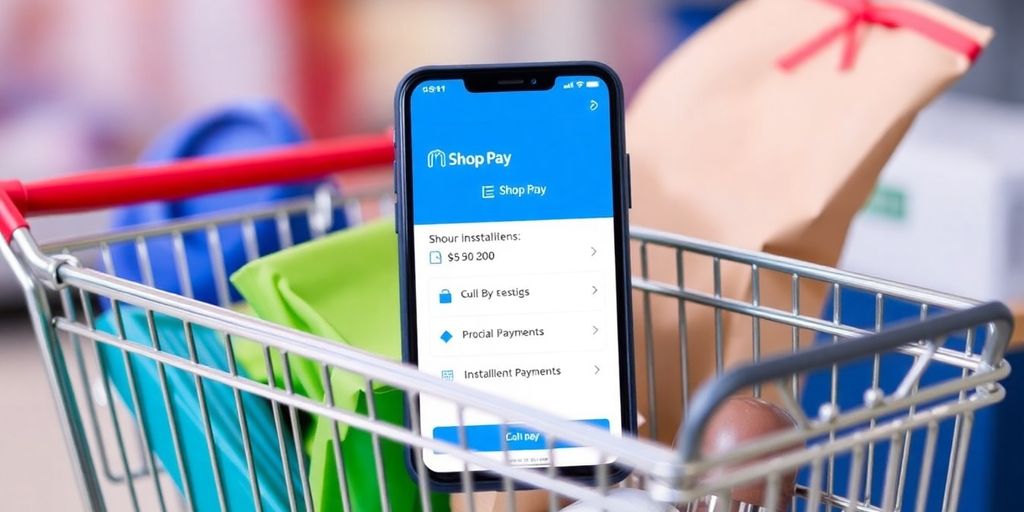 Shopping cart with products and smartphone showing payment interface.