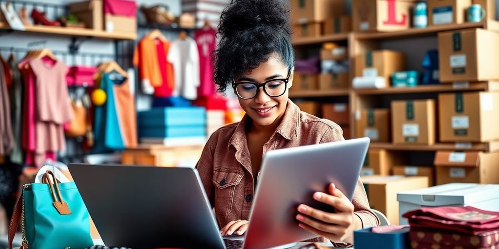 Person analyzing products for dropshipping in a workspace.