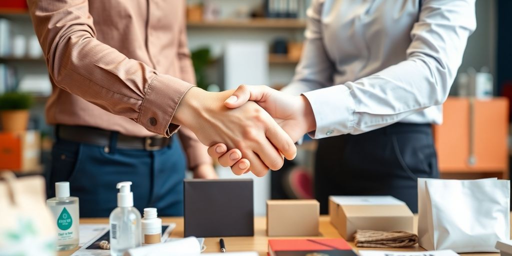 Two business partners shaking hands over product samples.