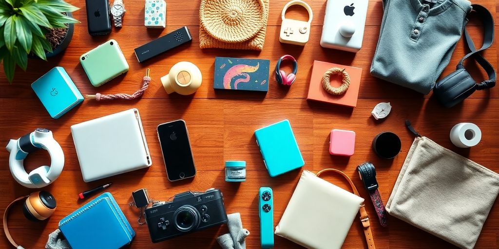 Flat lay of trending dropshipping products on a table.