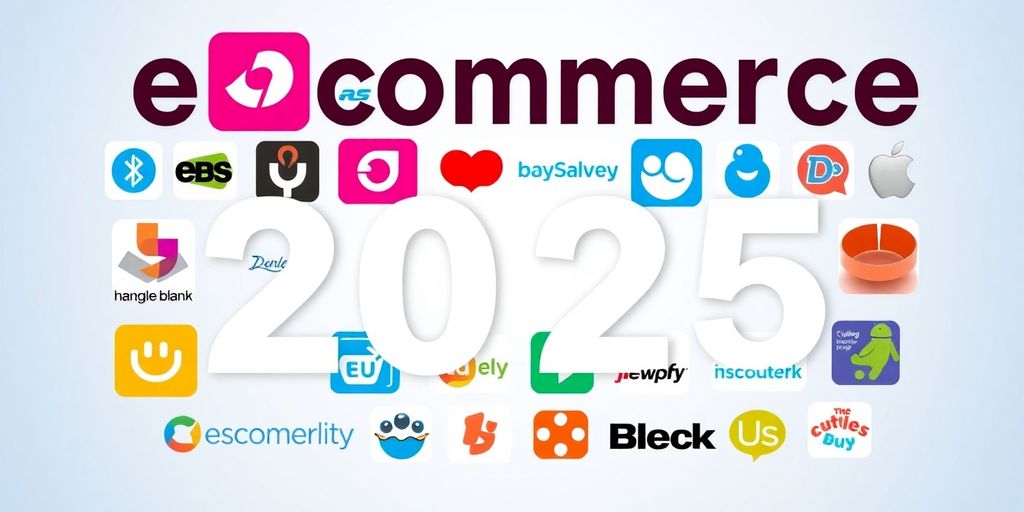 Colorful collage of ecommerce app logos on gradient background.