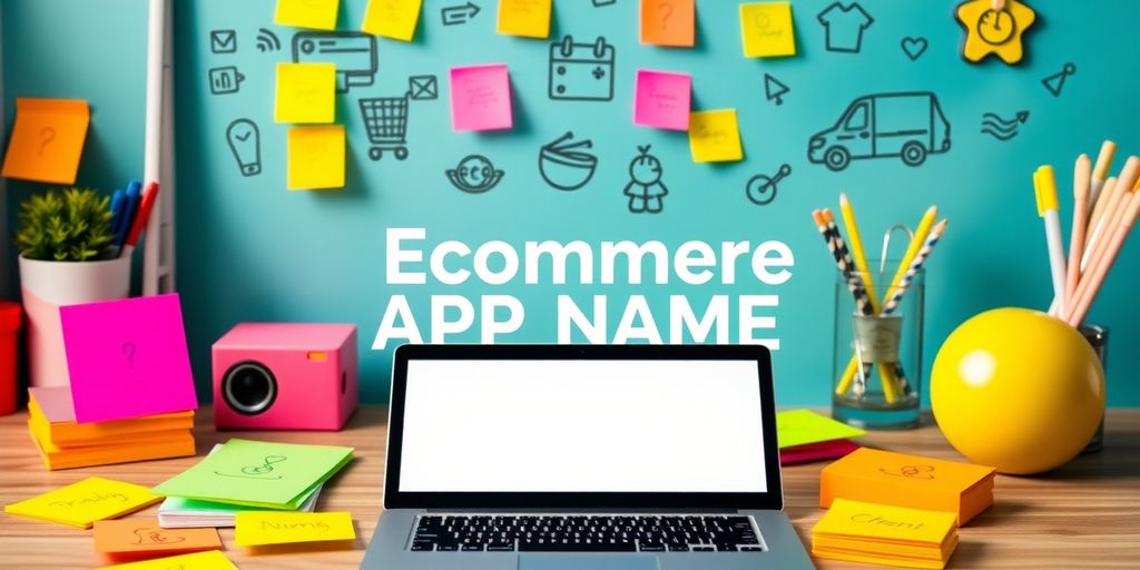 Colorful workspace for creative ecommerce app name ideas.
