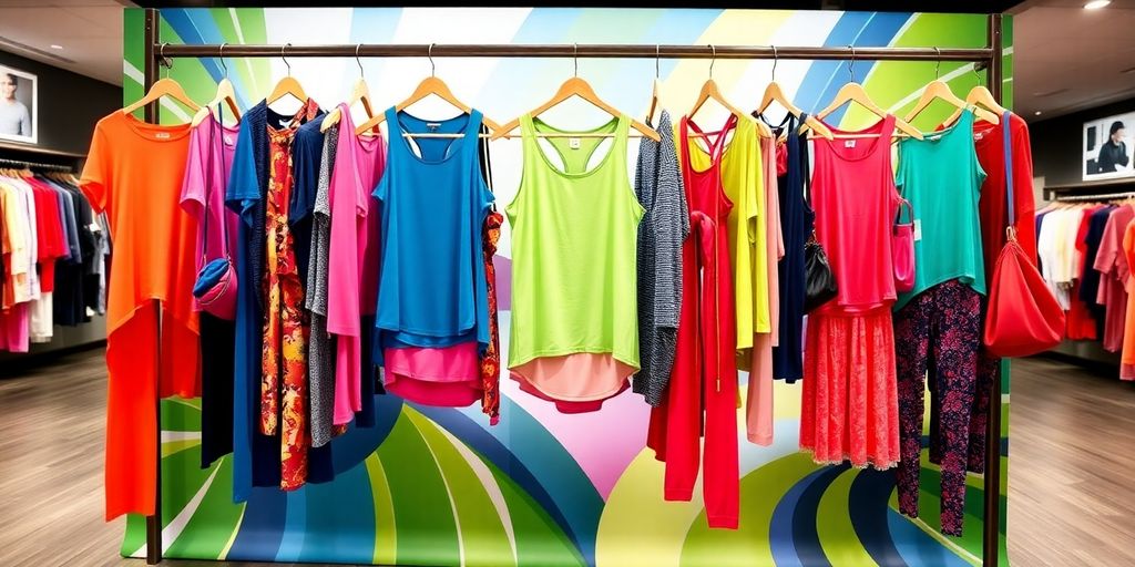 Colorful Fabletics activewear displayed in a fitness setting.