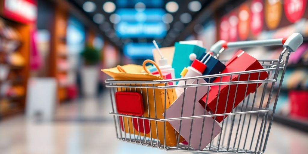 Shopping cart filled with items, conveying urgency to buy.