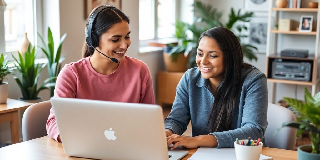 Customer service representative helping a Shopify user at a desk.