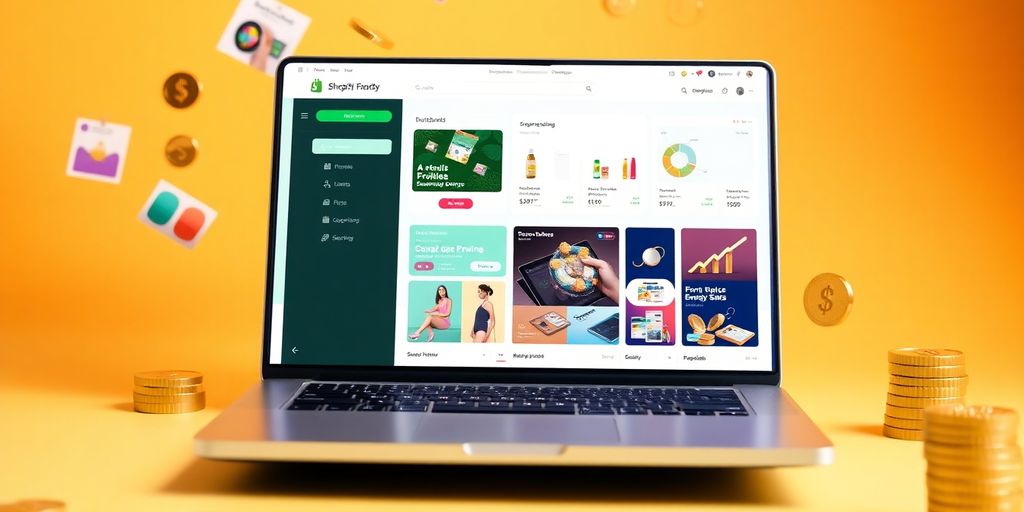 Laptop with Shopify dashboard and colorful product images.