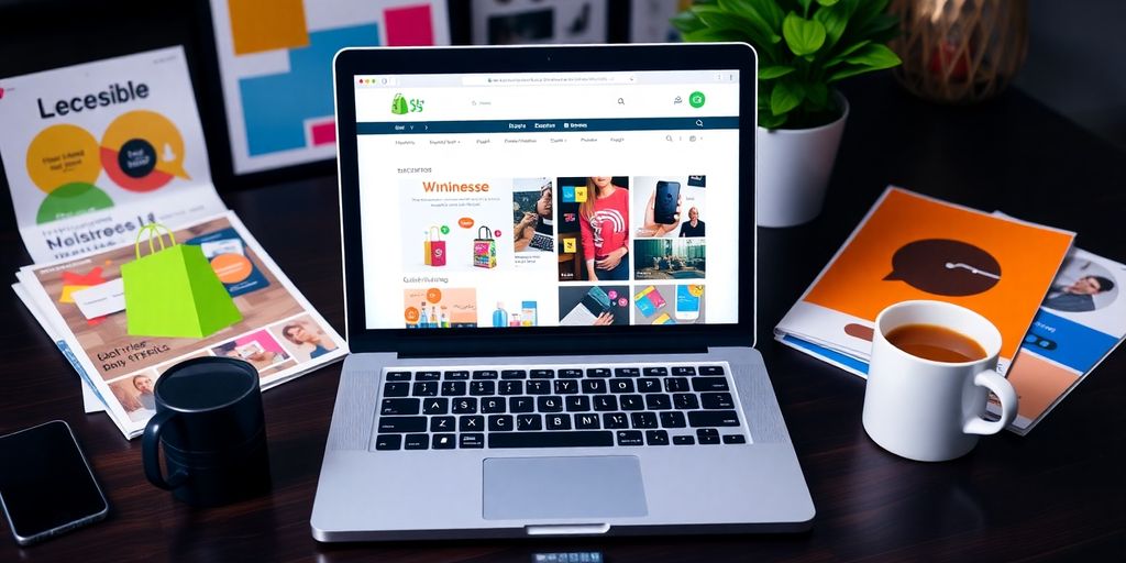 A laptop with a Shopify store and marketing materials.