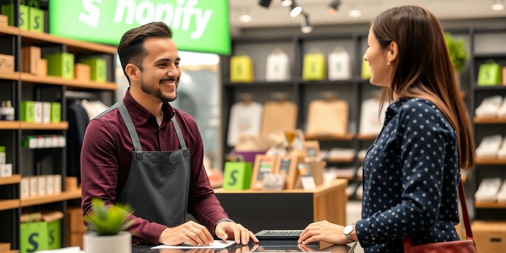 Customer service agent assisting a happy customer at Shopify.