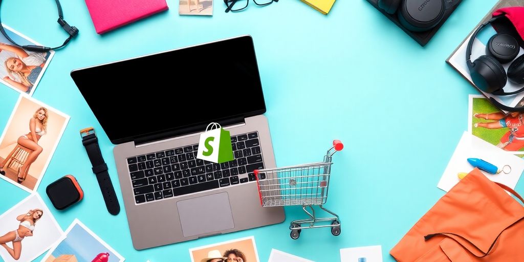 Flat lay of laptop with shopping cart and products.