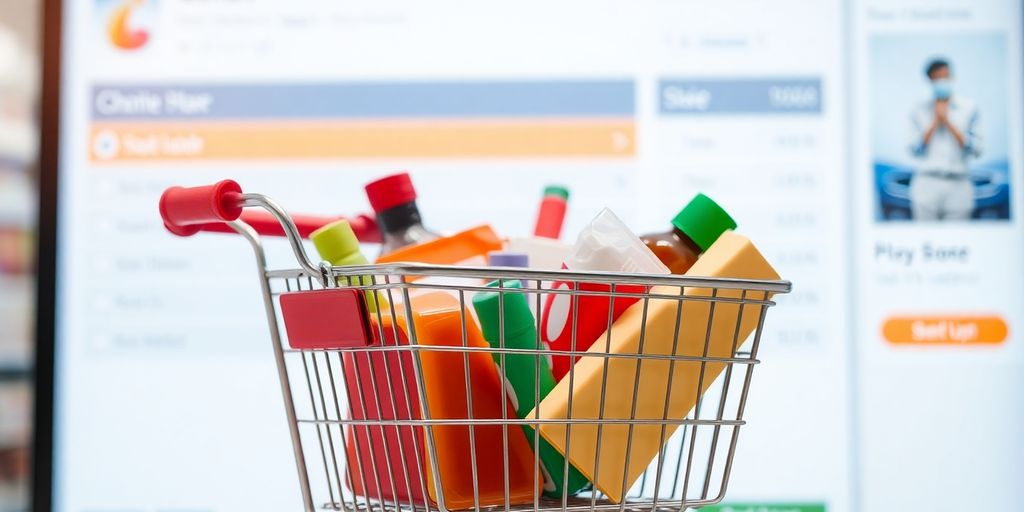 Shopping cart filled with items before online checkout.
