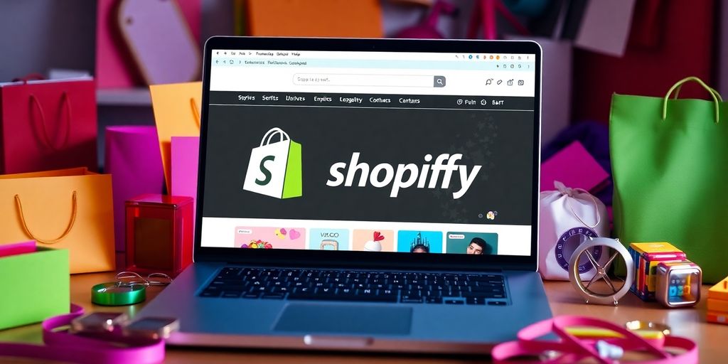 Laptop showing Shopify online store with colorful products.