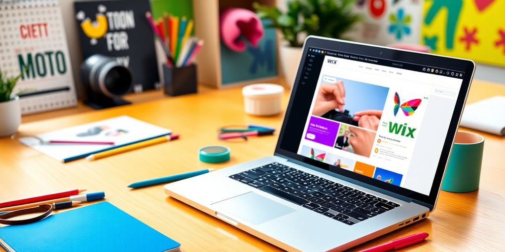 Creative workspace with laptop and design tools.
