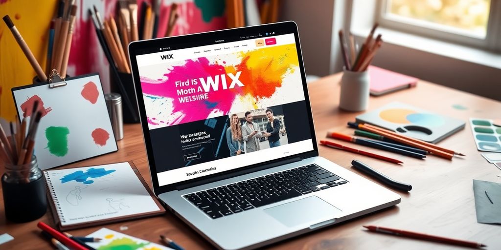 A laptop with a colorful website design on a desk.