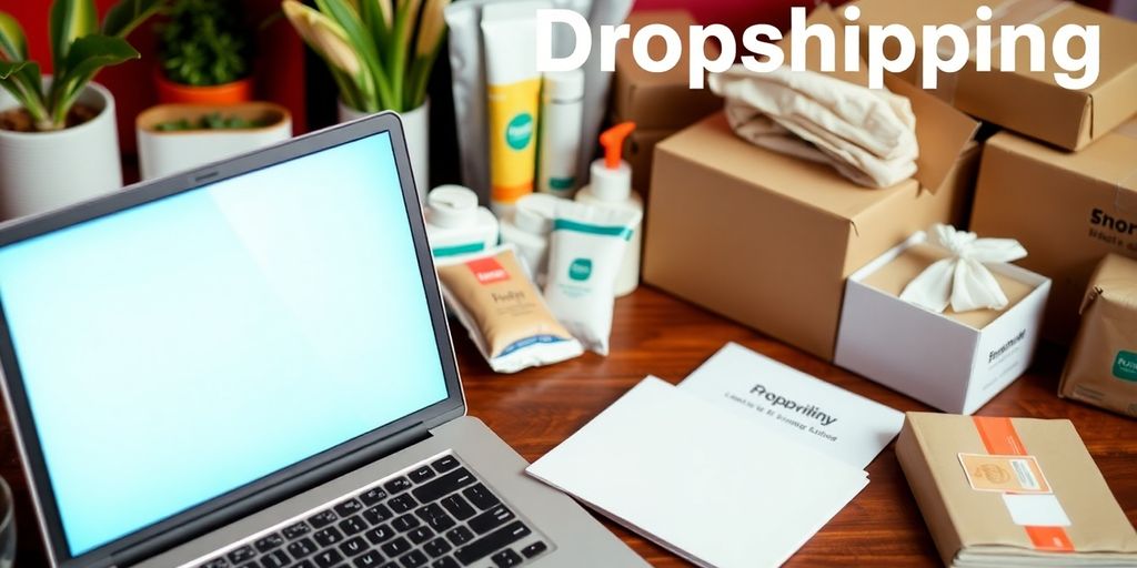 A workspace with a laptop and shipping supplies for dropshipping.