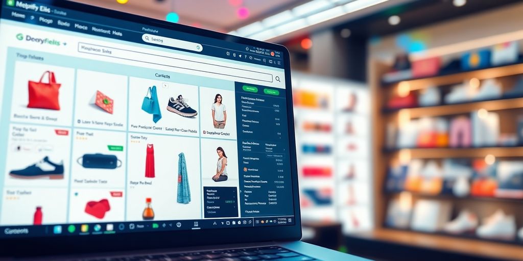 E-commerce interface with product listings and metafields integration.