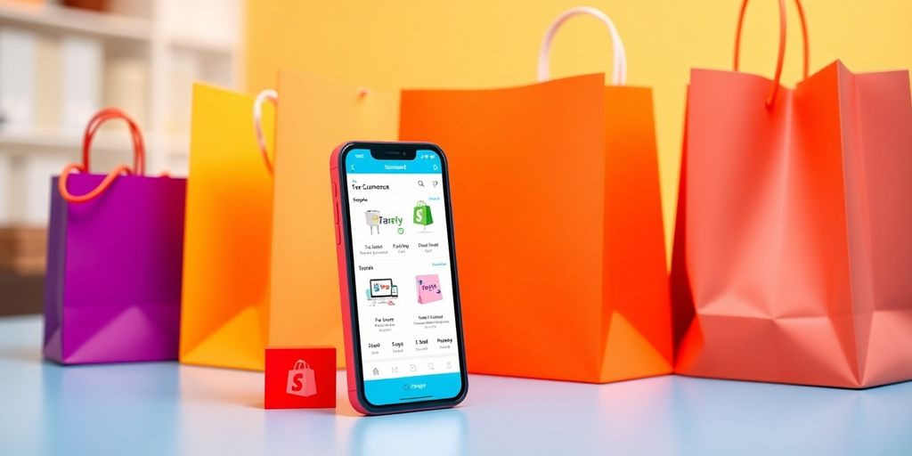 Smartphone with shopping app and products for e-commerce.