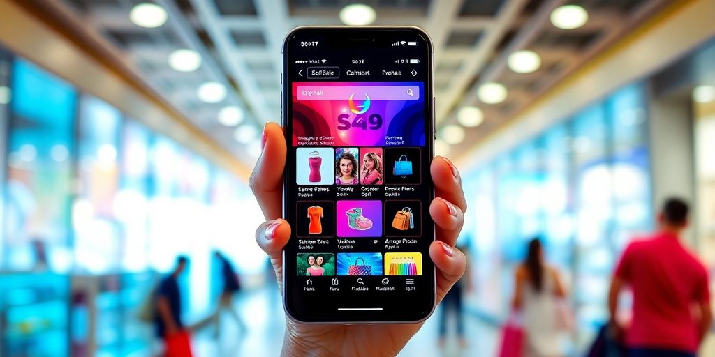 Mobile phone with e-commerce app in a shopping setting.