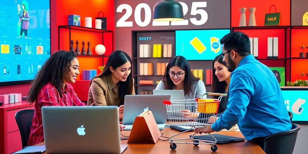 Diverse team collaborating in a modern e-commerce workspace.